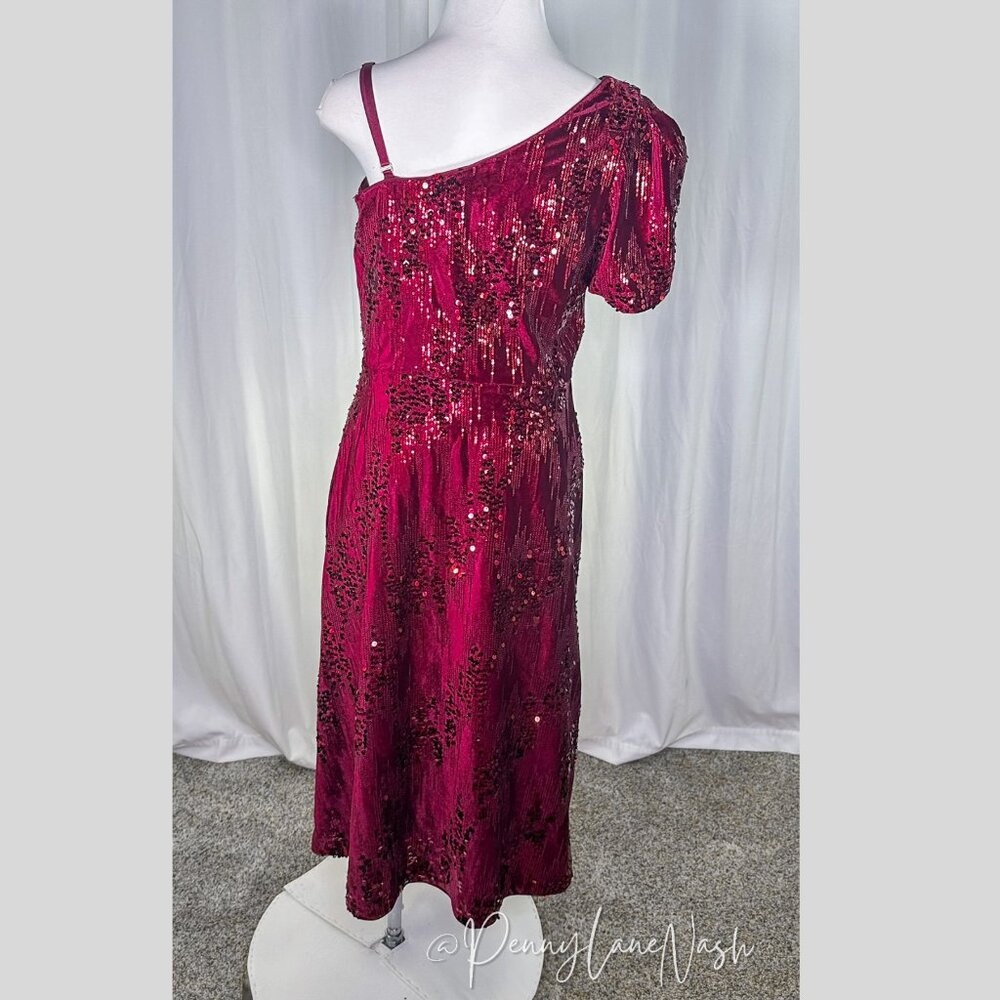 Kensie One-Shoulder Fit & Flare Sequin Velvet Formal Dress Burgundy - Picture 15 of 15